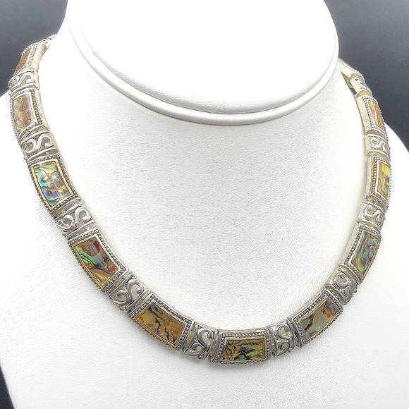 Estate Jewelry - Abalone Shell Necklace 17 inch Rainbow Flash Curved Bar Inlay Silver Tone Collar